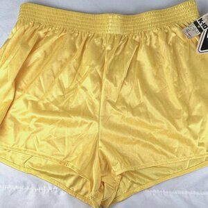 NWT Vintage Fin Yellow Shiny Nylon Track Shorts Womens L Pull On Gym Athletic